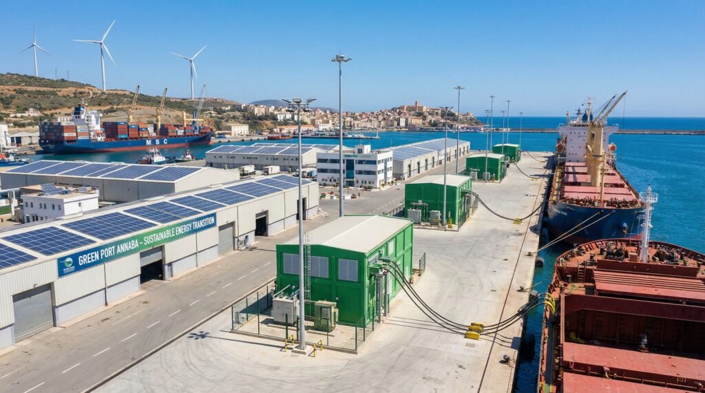 Port d'Annaba, Algérie, avec panneaux solaires, éoliennes et systèmes d'alimentation électrique à quai pour navires.