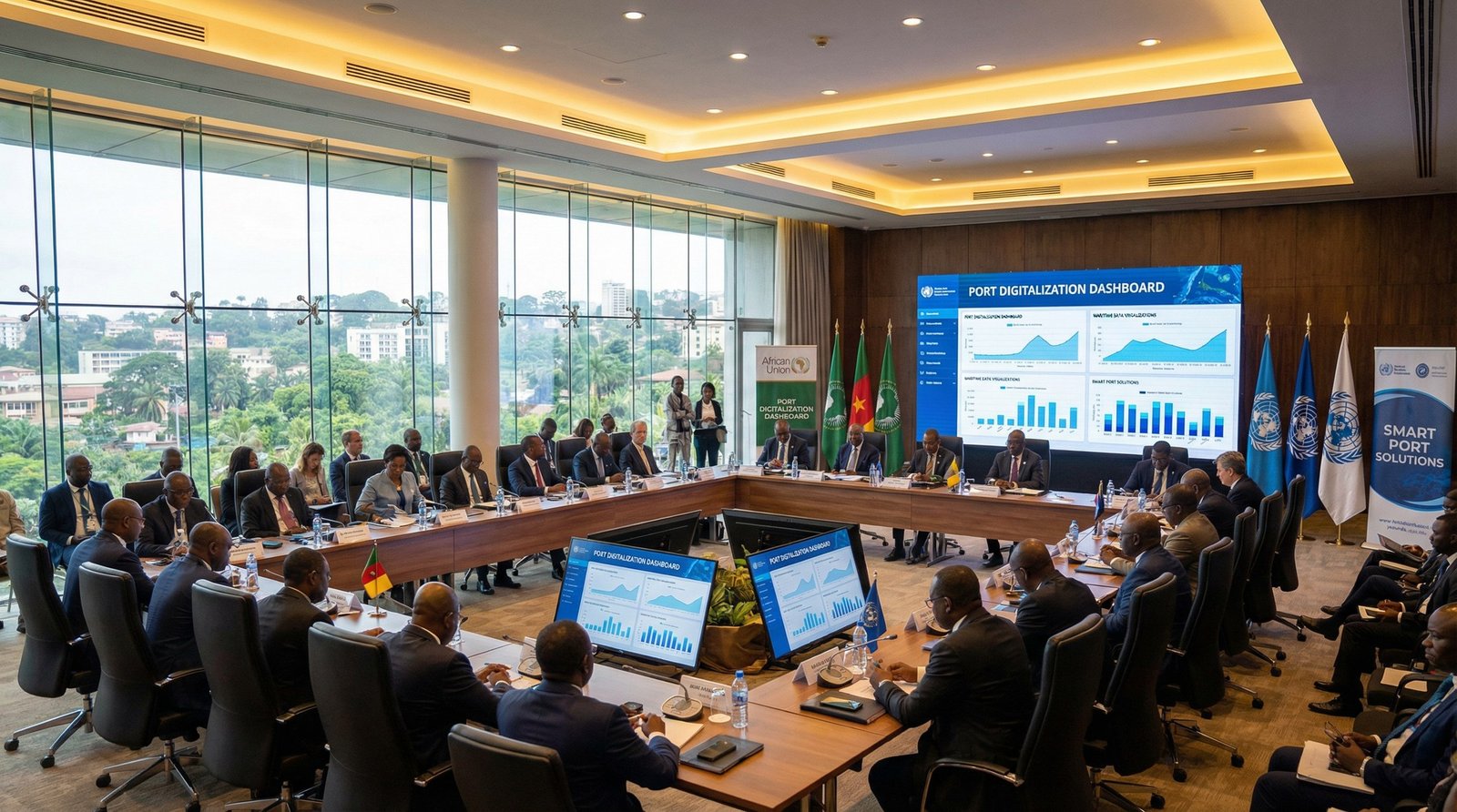 Conférence africaine sur la digitalisation et la gouvernance portuaire à Yaoundé, avec délégués et écrans de données.